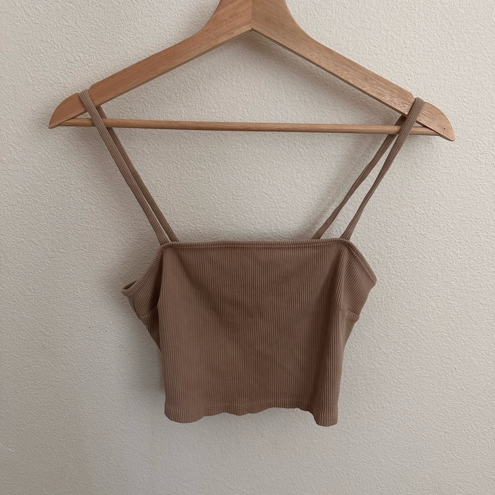 Rudy Jude Ribbed Double-Strap Crop Top in Tan
